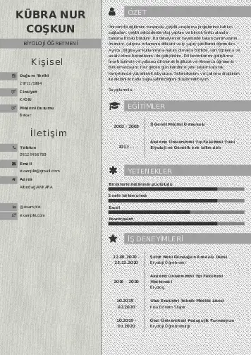 Biyoloji Öğretmeni CV Örnekleri cv indir